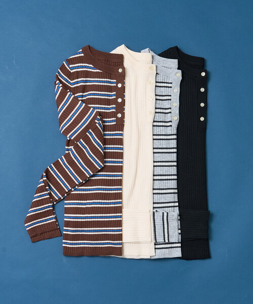 セール】ウォッシャブル ヘンリーネックニット/マルチボーダー