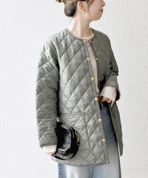 Traditional Weatherwear（トラディショナルウェザーウェア）の「Traditional Weatherwear: ARKLEY Aライン ミドル ノーカラー コート（ノーカラーコート・レディース・オリーブ/ブラック・ONE SIZE）」の14枚目の写真