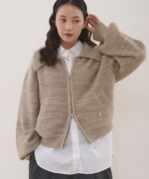 MUHET（ミュエータ）の「sequin zip-up knit cardigan / スパンコールジップニットカーディガン（カーディガン/ボレロ・レディース・チャコールグレー/ネイビー/ベージュ/ブラウン/カーキ・FREE）」の3枚目の写真
