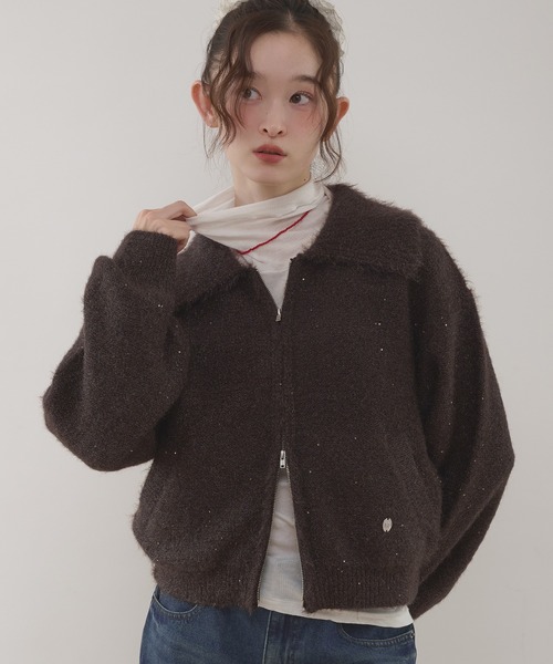 MUHET（ミュエータ）の「sequin zip-up knit cardigan / スパンコールジップニットカーディガン（カーディガン/ボレロ・レディース・チャコールグレー/ネイビー/ベージュ/ブラウン/カーキ・FREE）」の2枚目の写真