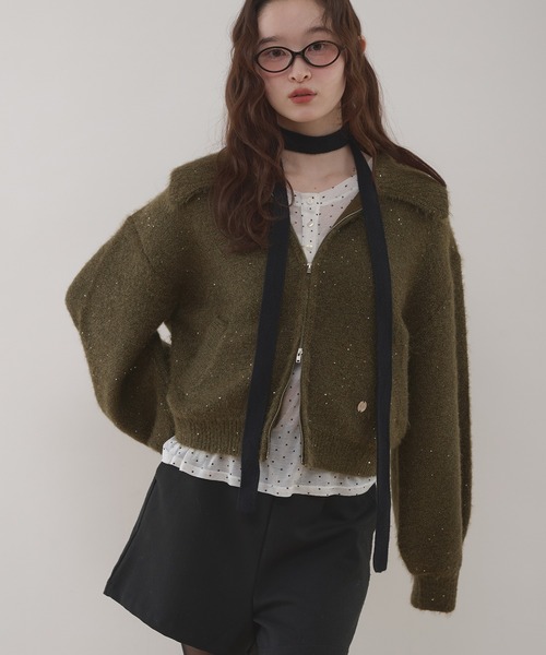 MUHET（ミュエータ）の「sequin zip-up knit cardigan / スパンコールジップニットカーディガン（カーディガン/ボレロ・レディース・チャコールグレー/ネイビー/ベージュ/ブラウン/カーキ・FREE）」の4枚目の写真