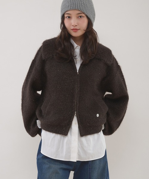 セール】sequin zip-up knit cardigan / スパンコールジップニット
