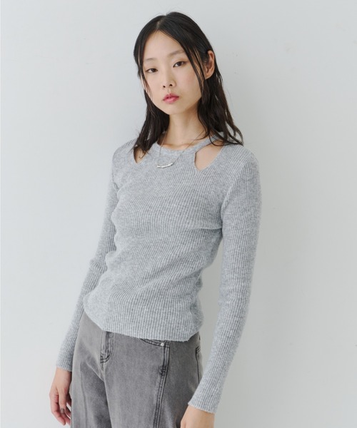 NUJOH(ヌゾ)の「Cut-Out Rib Knit Top / カットアウト リブニットトップス(Tシャツ/カットソー・レディース・ベージュ/ブラウン/グレー/ブラック・FREE)」の6枚目の写真