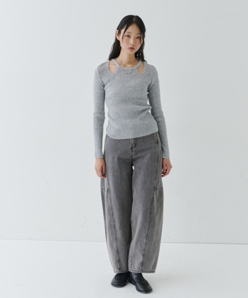 NUJOH(ヌゾ)の「Cut-Out Rib Knit Top / カットアウト リブニットトップス(Tシャツ/カットソー・レディース・ベージュ/ブラウン/グレー/ブラック・FREE)」の22枚目の写真