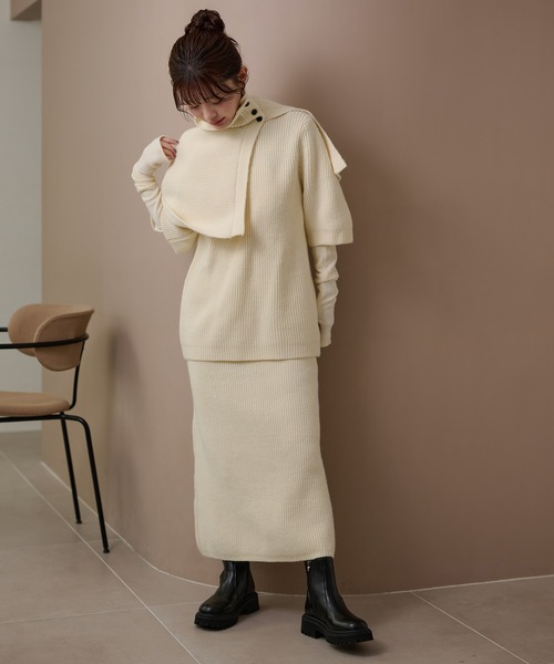 LAULEN（ローレン）の「cape half sleeve knit skirt 4 set /ハイネックケープ付ニットスカート4点セット（セットアップ・レディース・アイボリー/チャコールグレー/ベージュ・FREE）」の4枚目の写真