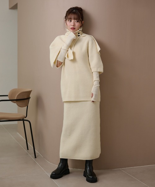 LAULEN（ローレン）の「cape half sleeve knit skirt 4 set /ハイネックケープ付ニットスカート4点セット（セットアップ・レディース・アイボリー/チャコールグレー/ベージュ・FREE）」の8枚目の写真