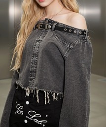 A'GEM/9 × .kom 『.KOM/ドットケーオーエム』 Grunge Denim Cut-Off Off-Shoulder Top/グランジ系 デニムカットオフ オフショルダートップス