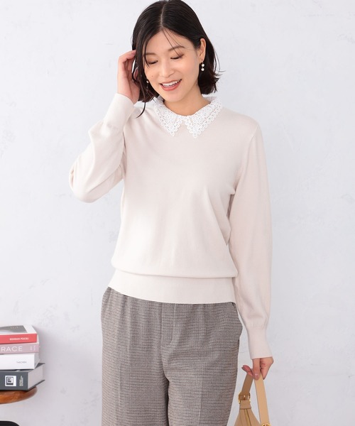 GALLORIA（ギャローリア）の「【キレメクニット】レース衿ニット（ニット/セーター・レディース・オートミール/ネイビー/グレー・LL/M/L/S）」の2枚目の写真
