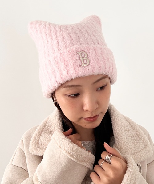 MLB Korea 猫耳 ミャオン ビーニー 紐付き 韓国限定 ホワイト 猫耳☆ニット帽☆韓国限定☆新品未開封 ビーニー 紐付き ☆MLB KOREA