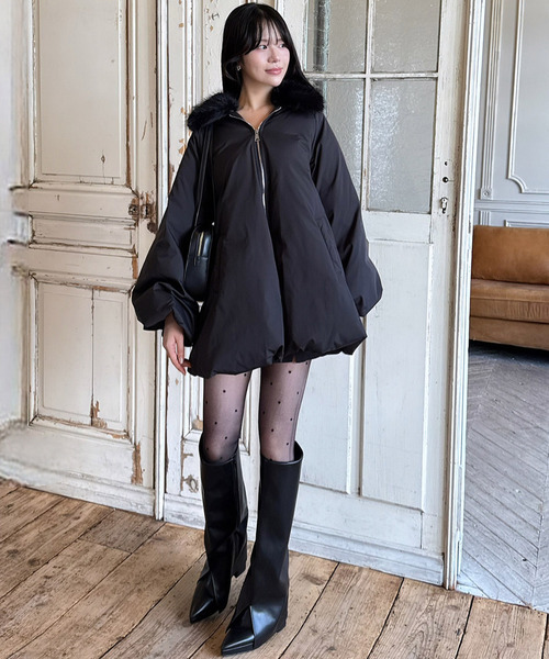 セール】ファー付ポンチョ風パフィーコート（ダウンジャケット/コート
