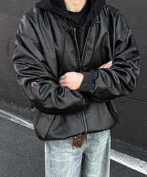 NOWLE】フード付き ジップアップ フェイクレザー ジャケット（ブルゾン