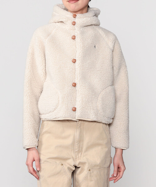 BshopジムフレックスGymphlexショート丈フードダウン(アイボリー)14 Gymphlex | ボア フードショートジャケット WOMEN（その他アウター