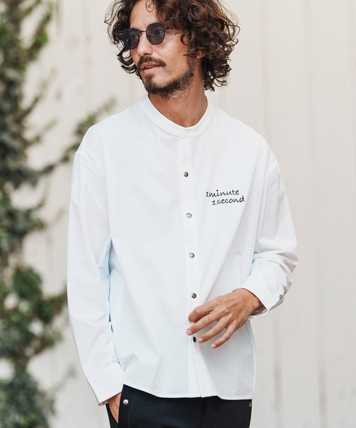 ms6321-cursive embroidery nylon jersey shirt スタンドカラーシャツ