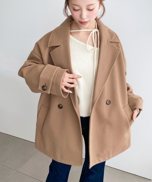 moment+（モーメントプラス）の「ニットメルトンダブルボタンジャケットミドルコート（チェスターコート・レディース・ブラウン/ベージュ/アイボリー/ブラック/チャコールグレー・M/L）」の5枚目の写真