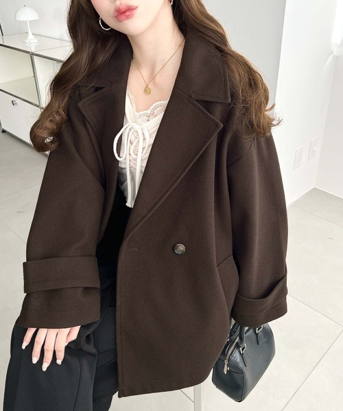 moment+（モーメントプラス）の「ニットメルトンダブルボタンジャケットミドルコート（チェスターコート・レディース・ブラウン/ベージュ/アイボリー/ブラック/チャコールグレー・M/L）」の4枚目の写真