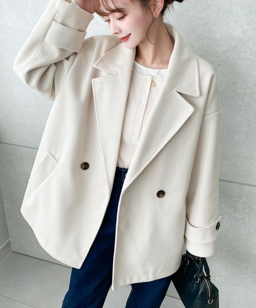 moment+（モーメントプラス）の「ニットメルトンダブルボタンジャケットミドルコート（チェスターコート・レディース・ブラウン/ベージュ/アイボリー/ブラック/チャコールグレー・M/L）」の2枚目の写真