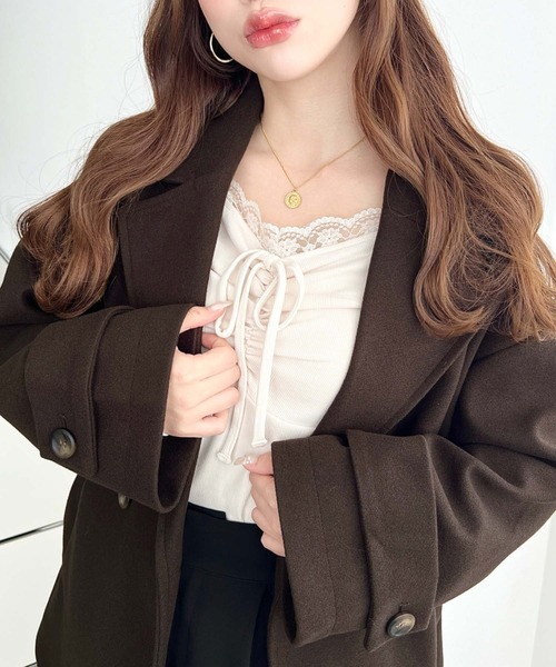 moment+（モーメントプラス）の「ニットメルトンダブルボタンジャケットミドルコート（チェスターコート・レディース・ブラウン/ベージュ/アイボリー/ブラック/チャコールグレー・M/L）」の16枚目の写真