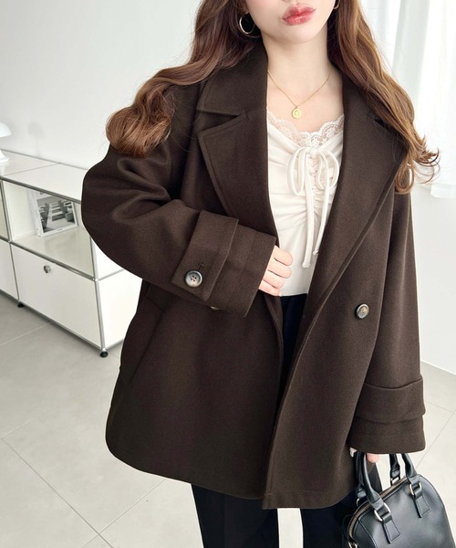 moment+（モーメントプラス）の「ニットメルトンダブルボタンジャケットミドルコート（チェスターコート・レディース・ブラウン/ベージュ/アイボリー/ブラック/チャコールグレー・M/L）」の15枚目の写真