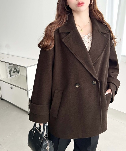 moment+（モーメントプラス）の「ニットメルトンダブルボタンジャケットミドルコート（チェスターコート・レディース・ブラウン/ベージュ/アイボリー/ブラック/チャコールグレー・M/L）」の6枚目の写真