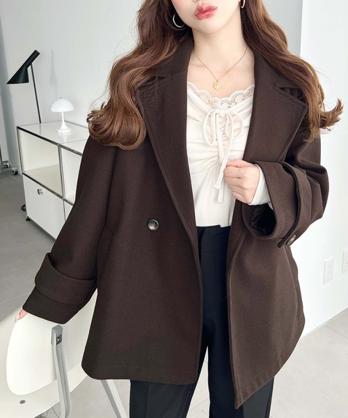 moment+（モーメントプラス）の「ニットメルトンダブルボタンジャケットミドルコート（チェスターコート・レディース・ブラウン/ベージュ/アイボリー/ブラック/チャコールグレー・M/L）」の14枚目の写真