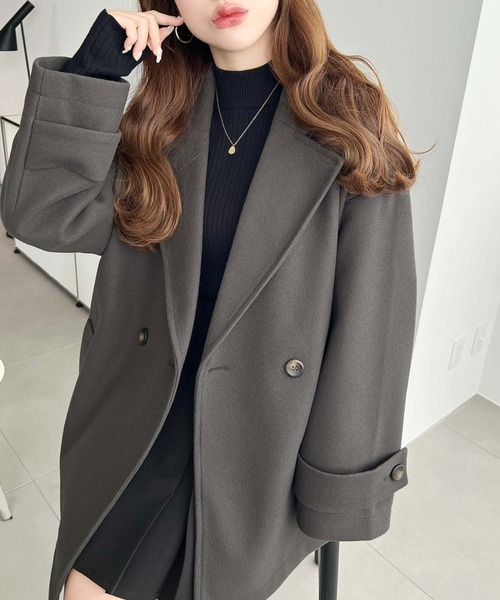 moment+（モーメントプラス）の「ニットメルトンダブルボタンジャケットミドルコート（チェスターコート・レディース・ブラウン/ベージュ/アイボリー/ブラック/チャコールグレー・M/L）」の22枚目の写真