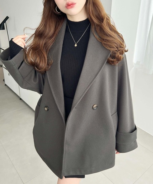 moment+（モーメントプラス）の「ニットメルトンダブルボタンジャケットミドルコート（チェスターコート・レディース・ブラウン/ベージュ/アイボリー/ブラック/チャコールグレー・M/L）」の21枚目の写真