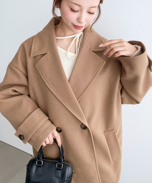 moment+（モーメントプラス）の「ニットメルトンダブルボタンジャケットミドルコート（チェスターコート・レディース・ブラウン/ベージュ/アイボリー/ブラック/チャコールグレー・M/L）」の10枚目の写真