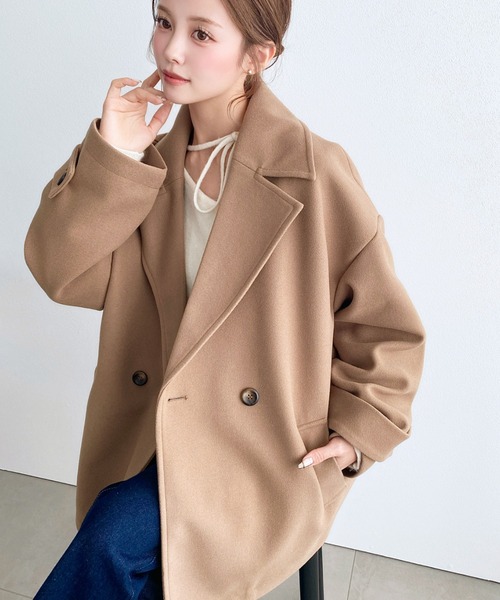 moment+（モーメントプラス）の「ニットメルトンダブルボタンジャケットミドルコート（チェスターコート・レディース・ブラウン/ベージュ/アイボリー/ブラック/チャコールグレー・M/L）」の9枚目の写真