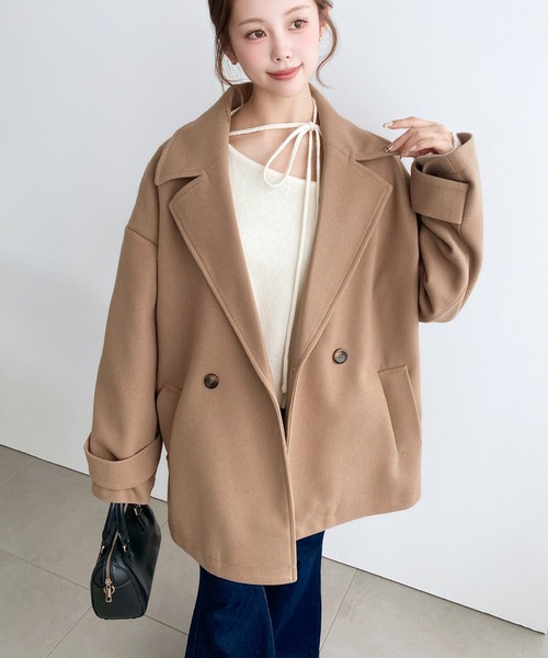 moment+（モーメントプラス）の「ニットメルトンダブルボタンジャケットミドルコート（チェスターコート・レディース・ブラウン/ベージュ/アイボリー/ブラック/チャコールグレー・M/L）」の8枚目の写真