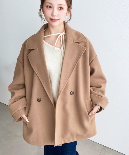 moment+（モーメントプラス）の「ニットメルトンダブルボタンジャケットミドルコート（チェスターコート・レディース・ブラウン/ベージュ/アイボリー/ブラック/チャコールグレー・M/L）」の7枚目の写真