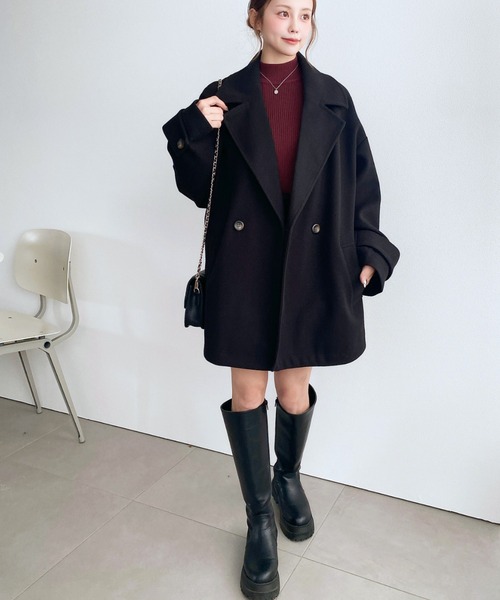 moment+（モーメントプラス）の「ニットメルトンダブルボタンジャケットミドルコート（チェスターコート・レディース・ブラウン/ベージュ/アイボリー/ブラック/チャコールグレー・M/L）」の19枚目の写真