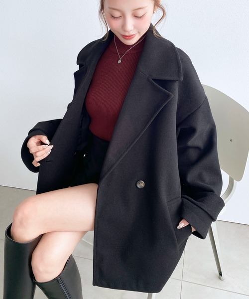 moment+（モーメントプラス）の「ニットメルトンダブルボタンジャケットミドルコート（チェスターコート・レディース・ブラウン/ベージュ/アイボリー/ブラック/チャコールグレー・M/L）」の20枚目の写真