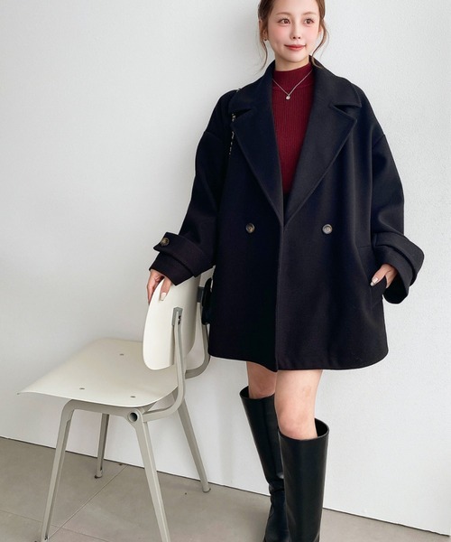 moment+（モーメントプラス）の「ニットメルトンダブルボタンジャケットミドルコート（チェスターコート・レディース・ブラウン/ベージュ/アイボリー/ブラック/チャコールグレー・M/L）」の18枚目の写真