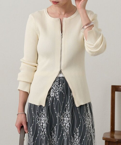 Omekashi(オメカシ)の「ダブルジップリブカーディガン(カーディガン/ボレロ・レディース・オフホワイト/グリーン/ブラック/ライトグレー/ピンク・FREE)」の2枚目の写真