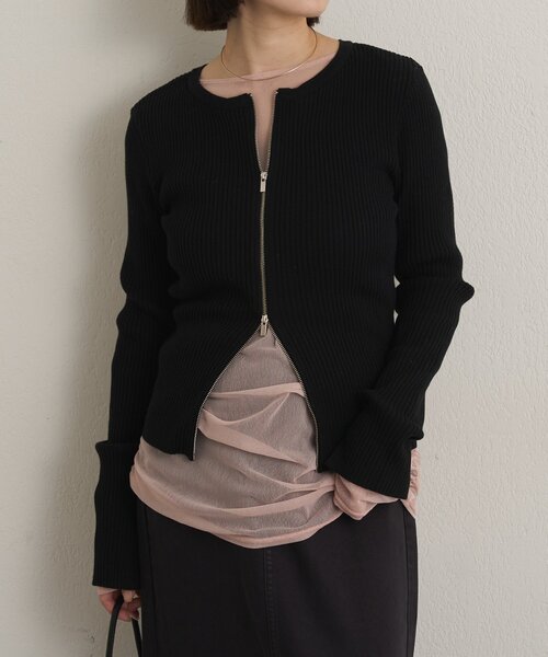 Omekashi(オメカシ)の「ダブルジップリブカーディガン(カーディガン/ボレロ・レディース・オフホワイト/グリーン/ブラック/ライトグレー/ピンク・FREE)」の3枚目の写真