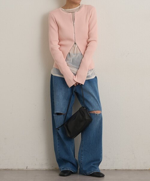 Omekashi(オメカシ)の「ダブルジップリブカーディガン(カーディガン/ボレロ・レディース・オフホワイト/グリーン/ブラック/ライトグレー/ピンク・FREE)」の9枚目の写真