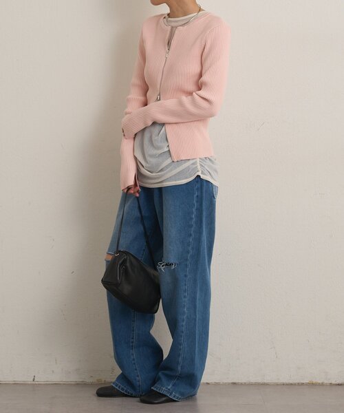 Omekashi(オメカシ)の「ダブルジップリブカーディガン(カーディガン/ボレロ・レディース・オフホワイト/グリーン/ブラック/ライトグレー/ピンク・FREE)」の6枚目の写真