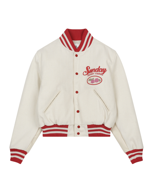 SUNDAY FRUIT MARKET(サンデーフルーツマーケット)の「W) BERRY FARM VARSITY JACKET IVORY(スタジャン・レディース・その他・SMALL/MEDIUM)」の1枚目の写真