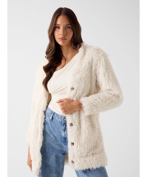 Guess（ゲス）の「ROSE V Neck Faux Fur Jacket カーディガン（カーディガン/ボレロ・レディース・マルーン/ホワイト系その他・SMALL/MEDIUM/X-SMALL）」の2枚目の写真