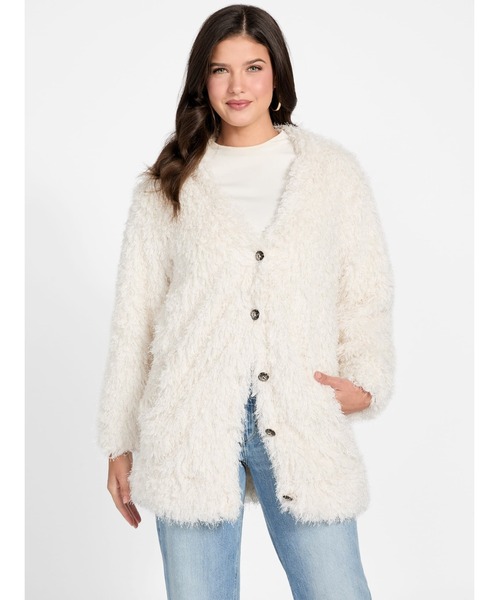 Guess（ゲス）の「ROSE V Neck Faux Fur Jacket カーディガン（カーディガン/ボレロ・レディース・マルーン/ホワイト系その他・SMALL/MEDIUM/X-SMALL）」の3枚目の写真