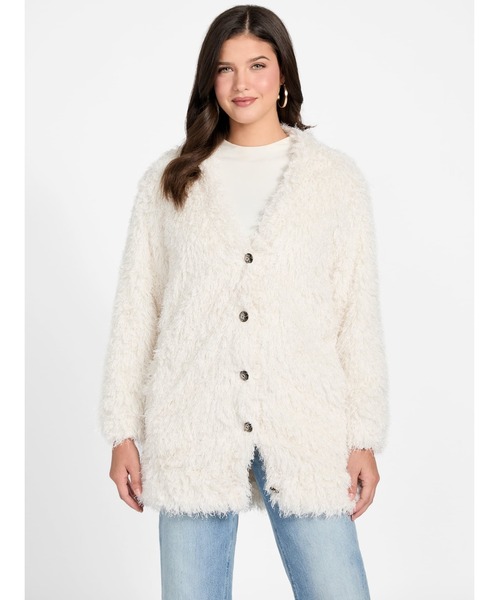 Guess（ゲス）の「ROSE V Neck Faux Fur Jacket カーディガン（カーディガン/ボレロ・レディース・マルーン/ホワイト系その他・SMALL/MEDIUM/X-SMALL）」の10枚目の写真