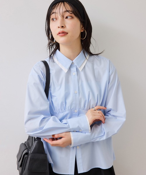 VIS（ビス）の「無地＆ストライプダブルカラーウエスト切り替えシャツ（シャツ/ブラウス・レディース・ホワイト/サックスブルー/ベージュ・FREE）」の3枚目の写真