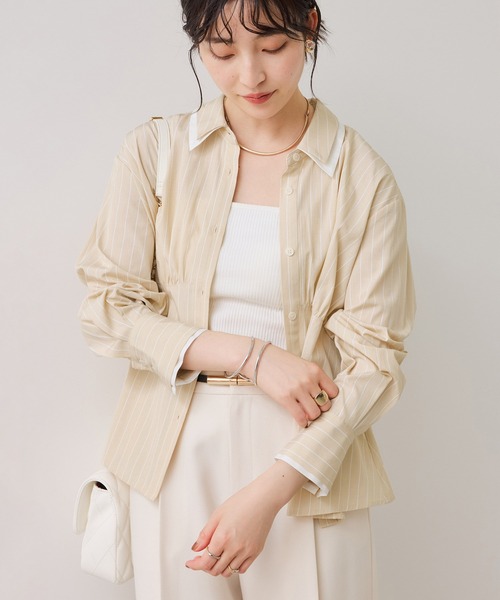 VIS（ビス）の「無地＆ストライプダブルカラーウエスト切り替えシャツ（シャツ/ブラウス・レディース・ホワイト/サックスブルー/ベージュ・FREE）」の5枚目の写真