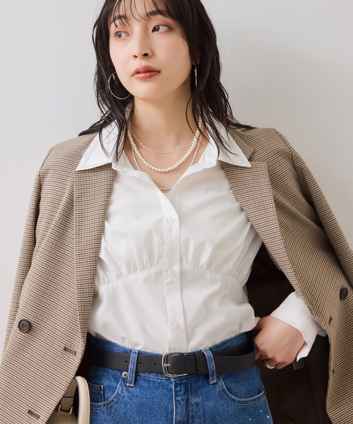 VIS（ビス）の「無地＆ストライプダブルカラーウエスト切り替えシャツ（シャツ/ブラウス・レディース・ホワイト/サックスブルー/ベージュ・FREE）」の16枚目の写真