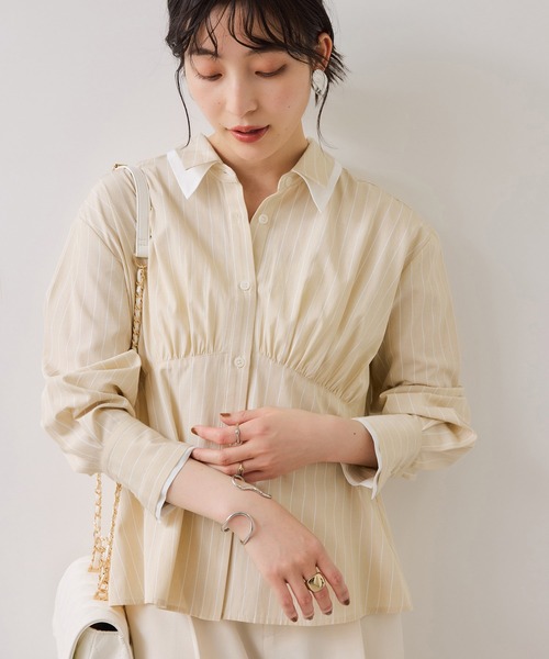 VIS（ビス）の「無地＆ストライプダブルカラーウエスト切り替えシャツ（シャツ/ブラウス・レディース・ホワイト/サックスブルー/ベージュ・FREE）」の6枚目の写真