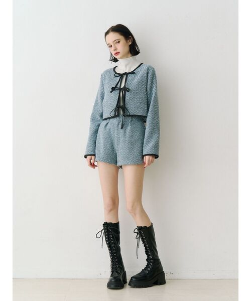 jouetie（ジュエティ）の「バイカラーツイードライクショートジャケット【セットアップ対応】（ノーカラージャケット・レディース・ピンク/ブルー/ブラック・MEDIUM）」の7枚目の写真