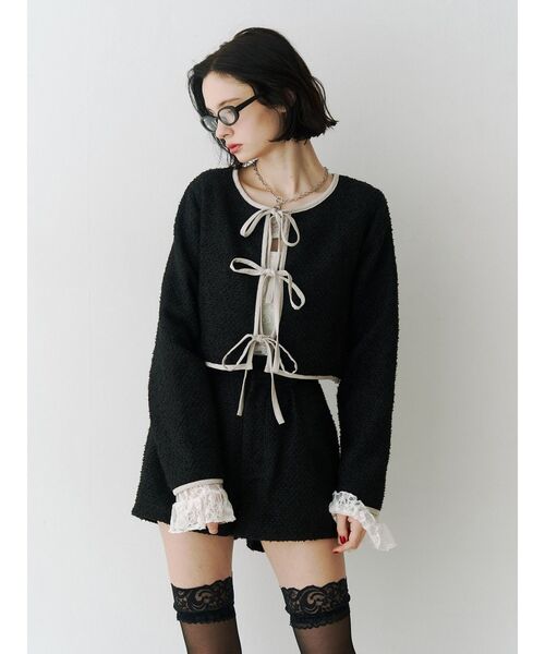 jouetie（ジュエティ）の「バイカラーツイードライクショートジャケット【セットアップ対応】（ノーカラージャケット・レディース・ピンク/ブルー/ブラック・MEDIUM）」の10枚目の写真