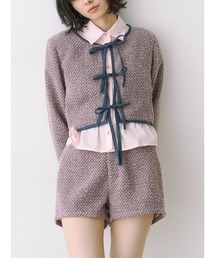 [極美品]マニエル　ピンクツイードノーカラーxキュロットセットアップ　総柄　切替 SALE!!】【即日発送】【ハロウィン】 ツイードセットアップバニー