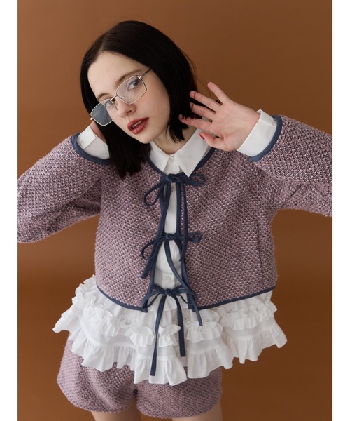 jouetie（ジュエティ）の「バイカラーツイードライクショートジャケット【セットアップ対応】（ノーカラージャケット・レディース・ピンク/ブルー/ブラック・MEDIUM）」の3枚目の写真