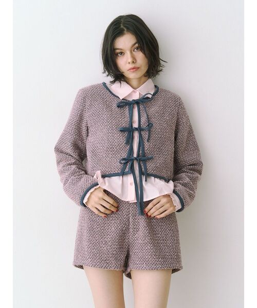 jouetie（ジュエティ）の「バイカラーツイードライクショートジャケット【セットアップ対応】（ノーカラージャケット・レディース・ピンク/ブルー/ブラック・MEDIUM）」の18枚目の写真